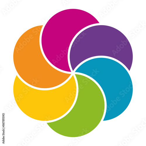 Colorful infographic pie chart with overlapping circular shapes.Flower form graphic circle divided in 6 segments.Vector,illustration.