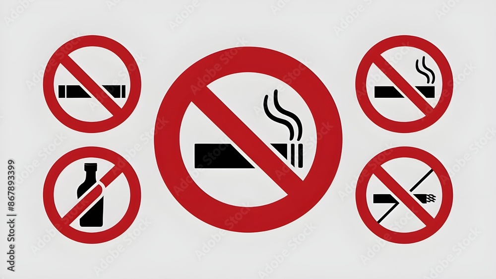 Vector illustration isolated on white backdrop with a set of red prohibition sign icons Vector illustration isolated on white backdrop with a set of red prohibition sign icons