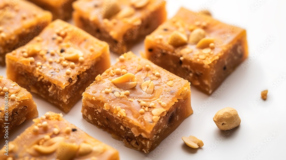 Traditional chikki made peanuts and jaggery perfectly crunchy on a white background Traditional chikki made peanuts and jaggery perfectly crunchy on a white background