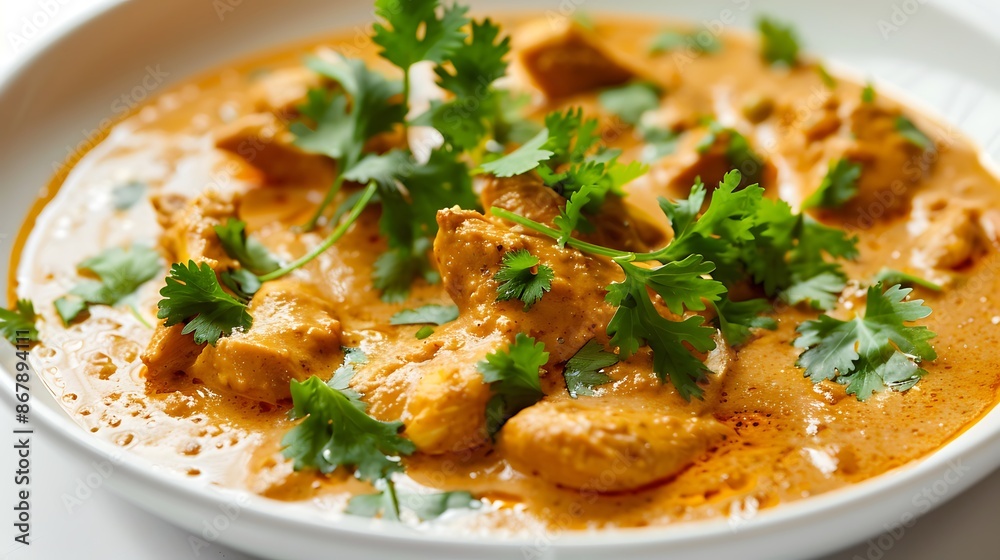 Traditional chicken korma a creamy spiced gravy garnished with coriander on a white background Traditional chicken korma a creamy spiced gravy garnished with coriander on a white background