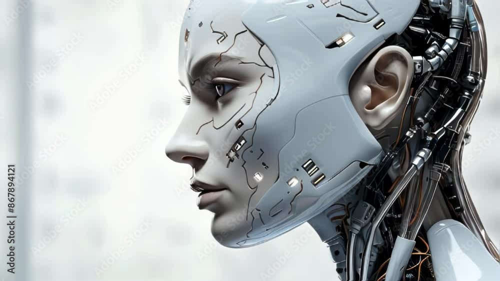 Connection of human woman and artificial intelligence robot. The concept of merging a person and a computer with neural networks in the future Connection of human woman and artificial intelligence robot. The concept of merging a person and a computer with neural networks in the future