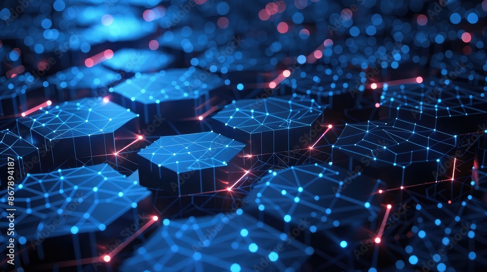 Obraz premium Digital network with interconnected hexagons and glowing communication nodes.