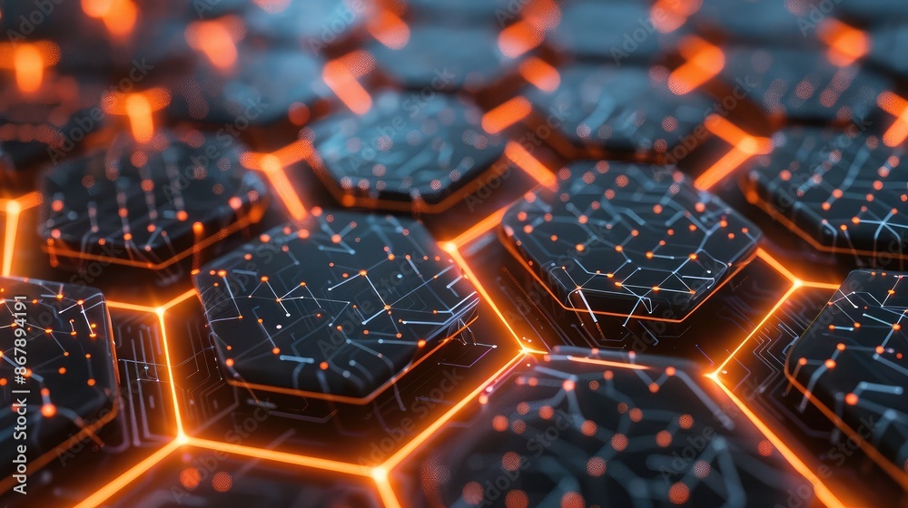 Digital network with interconnected hexagons and glowing communication nodes. Digital network with interconnected hexagons and glowing communication nodes.