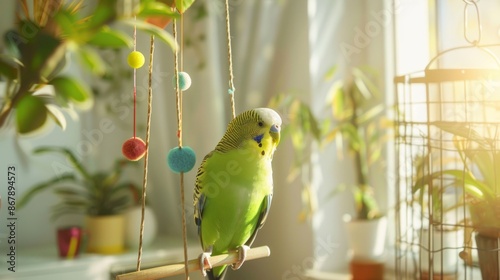 Green parakeet on a swing in a sunny room. Concept of pet entertainment, care, good maintenance, toys, bird playground photo