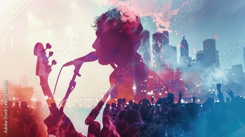 Double exposure of a musician with a concert crowd, symbolizing performance and audience in graphic design photo