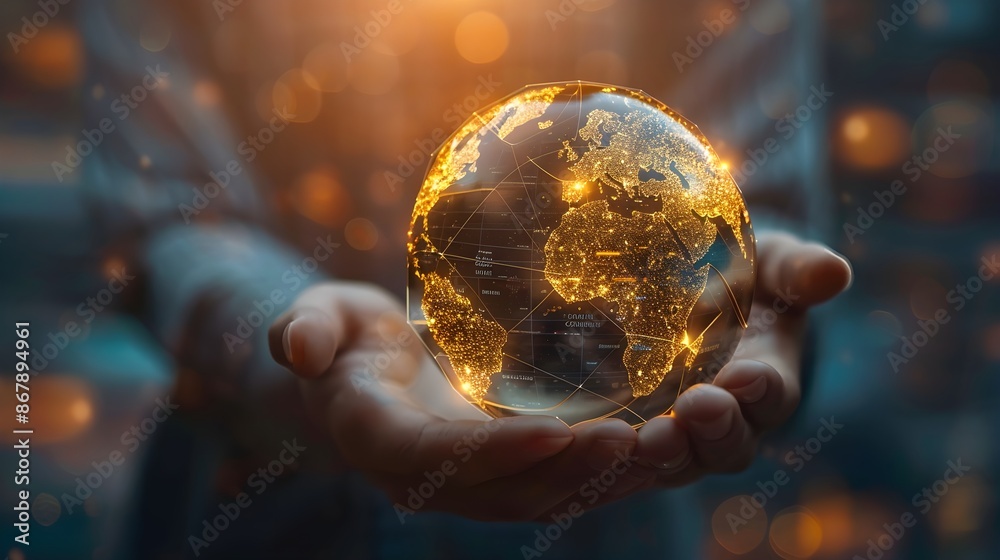 Fototapeta premium Businessman hold global business globe with network connected to digital marketing strategy and creative solution. Business development technology to support creativity idea