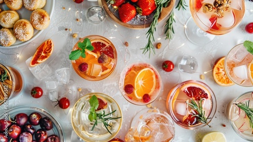 Wallpaper Mural Flat lay of a festive cocktail party setup with assorted drinks, appetizers, and festive decorations. Torontodigital.ca