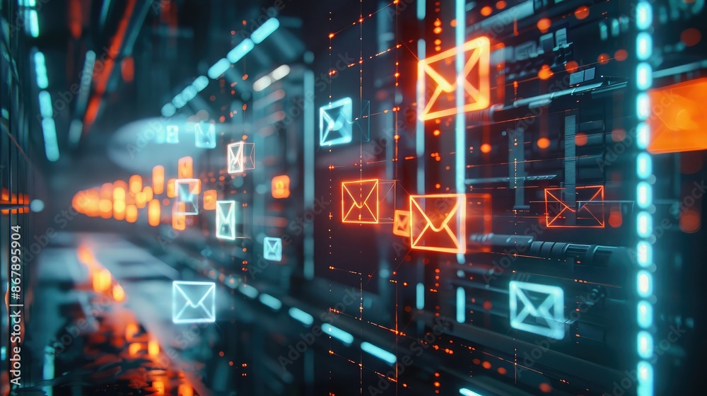 Floating digital icons of emails and messages in a futuristic setting. Floating digital icons of emails and messages in a futuristic setting.