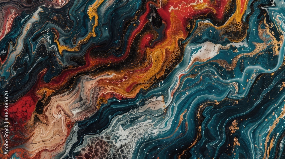 Fluid marble patterns with rich, contrasting colors flowing together. Fluid marble patterns with rich, contrasting colors flowing together.