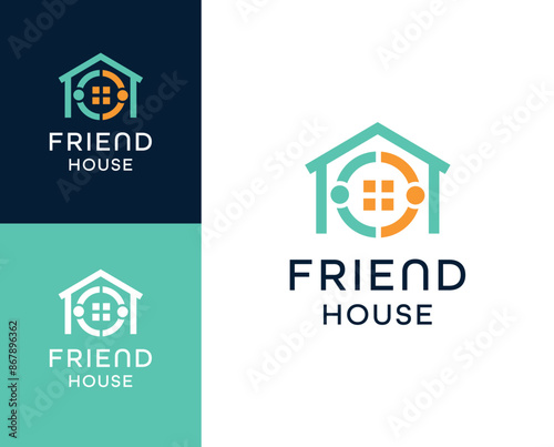 Friend house logo.Frienship with house icon logo design illustration. Friend house logo design inspiration.