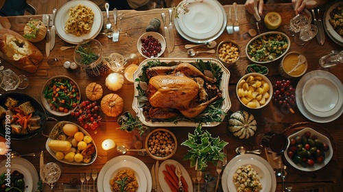 Overhead shot of a home-cooked Thanksgiving dinner with all the traditional dishes and trimmings.