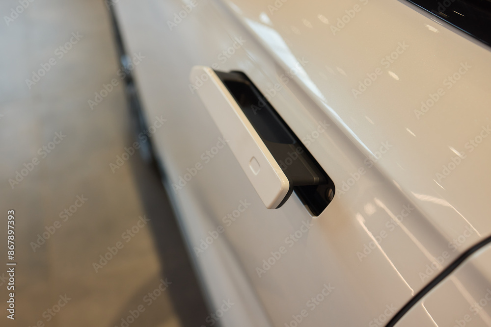 Closeup of a modern car door handle with stylish metallic finish and contemporary design Closeup of a modern car door handle with stylish metallic finish and contemporary design