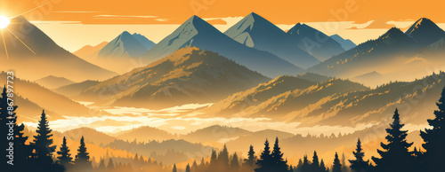 Sunset in the mountains in minimalist style and vector graphics