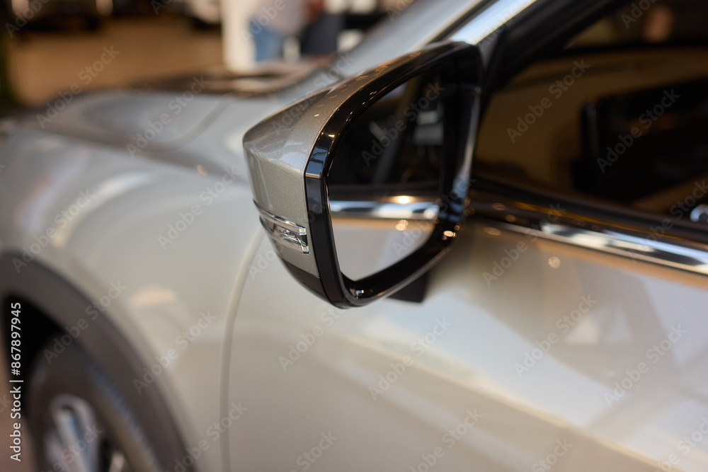 This is a detailed closeup photo of a cars side mirror, with a blurred background This is a detailed closeup photo of a cars side mirror, with a blurred background
