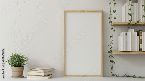 mock up frame on rose brick wall, 3d rendering photo