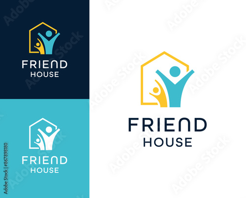 Friend house logo.Frienship with house icon logo design illustration. Friend house logo design inspiration.