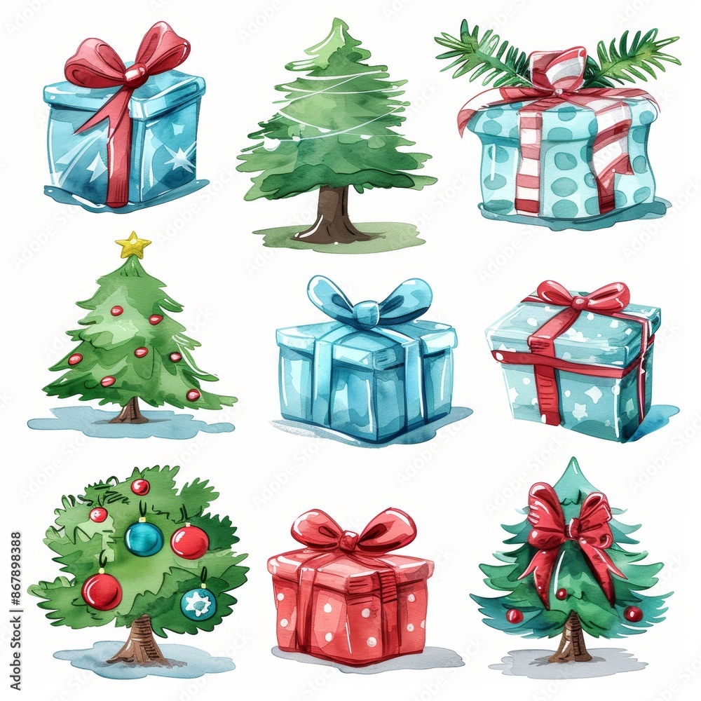 Watercolor illustration of various Christmas trees and gifts, decorated with bows and ornaments. Perfect for festive and colorful holiday designs. set isolated on white background Watercolor illustration of various Christmas trees and gifts, decorated with bows and ornaments. Perfect for festive and colorful holiday designs. set isolated on white background