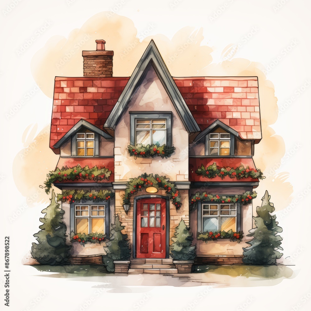 Fototapeta premium Beautifully decorated house with snow-covered roof and holiday ornaments. Perfect for festive Christmas and winter designs.