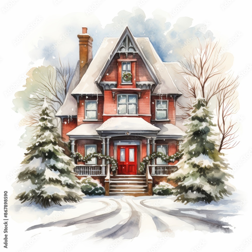 Beautifully decorated house with snow-covered roof and holiday ornaments. Perfect for festive Christmas and winter designs. Beautifully decorated house with snow-covered roof and holiday ornaments. Perfect for festive Christmas and winter designs.