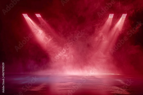 The dark stage shows, dark red background, an empty dark scene, neon light, and spotlights The concrete floor and studio room with smoke float up the interior texture for display products © SEUNGJIN