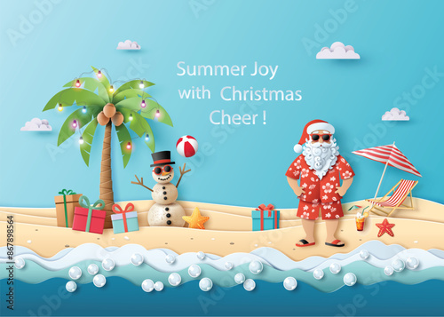 Tropical Beach Christmas with Santa and Snowman Vector