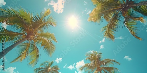 Blue sky and palm trees view from below, vintage style, tropical beach and summer background, travel concept