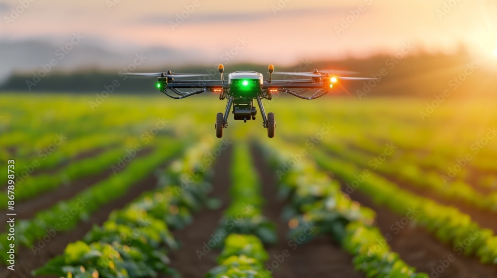 Drone flying over rows of crops at sunset. Drone flying over rows of crops at sunset.