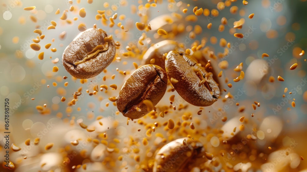 Dynamic Coffee Beans and Particles in Motion with Bokeh Background Dynamic Coffee Beans and Particles in Motion with Bokeh Background