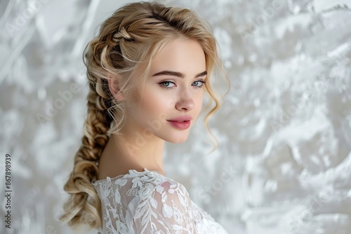 Beautiful Blonde Woman with Braided Hair and Green Eyes