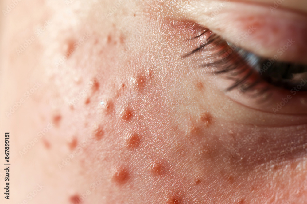 Fototapeta premium close up of skin with pink circular birth marks on it, white background