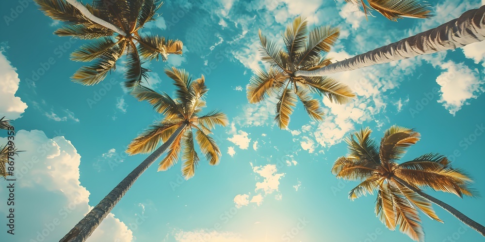 Blue sky and palm trees view from below, vintage style, tropical beach and summer background, travel concept Blue sky and palm trees view from below, vintage style, tropical beach and summer background, travel concept
