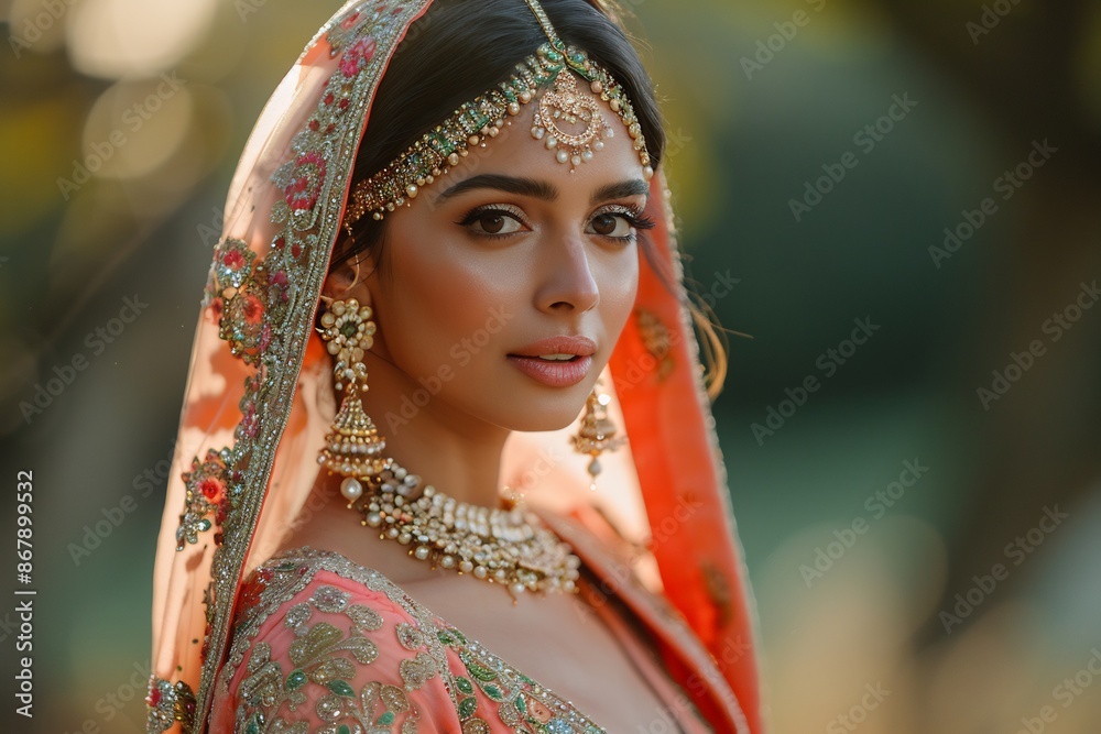 Beautiful Indian Bride Portrait with Gold Jewelry Beautiful Indian Bride Portrait with Gold Jewelry