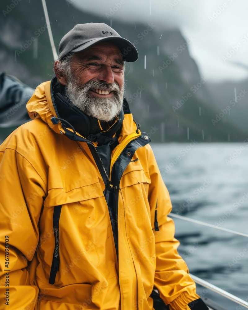 Portrait of a happy senior man in a yellow raincoat enjoying the rain on a boat. AI. Portrait of a happy senior man in a yellow raincoat enjoying the rain on a boat. AI.