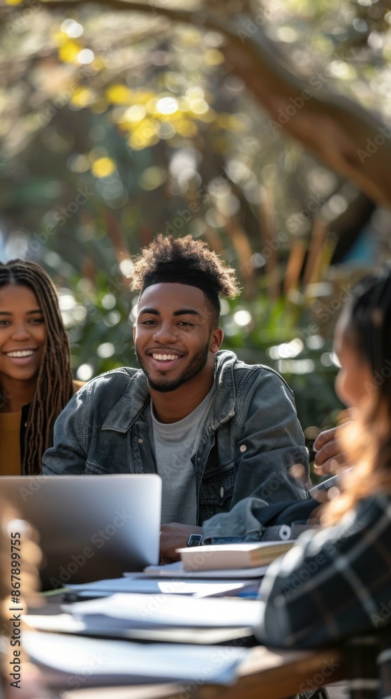 A group of students studying together outdoors. AI. A group of students studying together outdoors. AI.