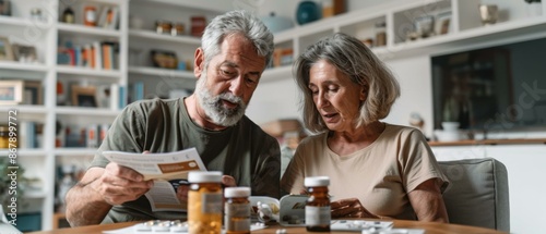 Wallpaper Mural Elderly couple reading a medical brochure while sitting at a table with scattered pill bottles. AI. Torontodigital.ca