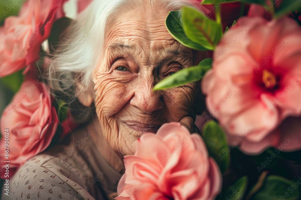 An elderly woman smiles gently as she poses for a portrait with pink flowers surrounding her. AI.