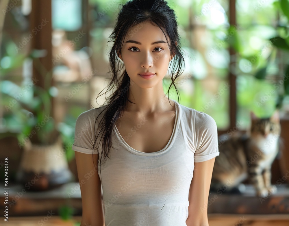 Beautiful Young Asian Woman Portrait with Long Hair Looking at Camera Beautiful Young Asian Woman Portrait with Long Hair Looking at Camera