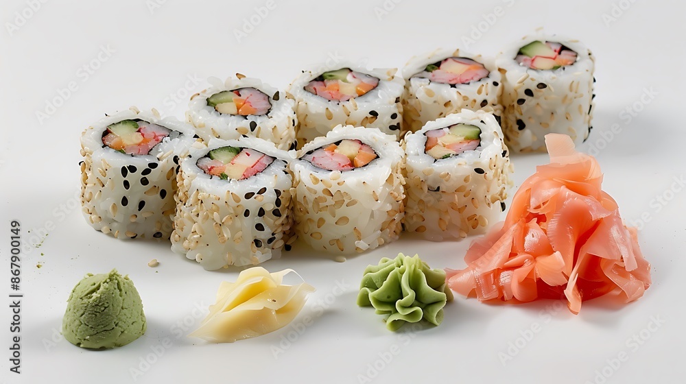 Freshly made sushi rolls wasabi and pickled ginger on a white background Freshly made sushi rolls wasabi and pickled ginger on a white background
