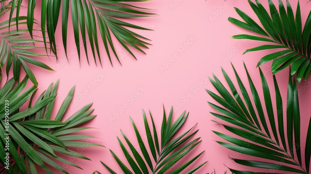 Tropical palm leaves on pink background Summer theme top down view with space for text Tropical palm leaves on pink background Summer theme top down view with space for text