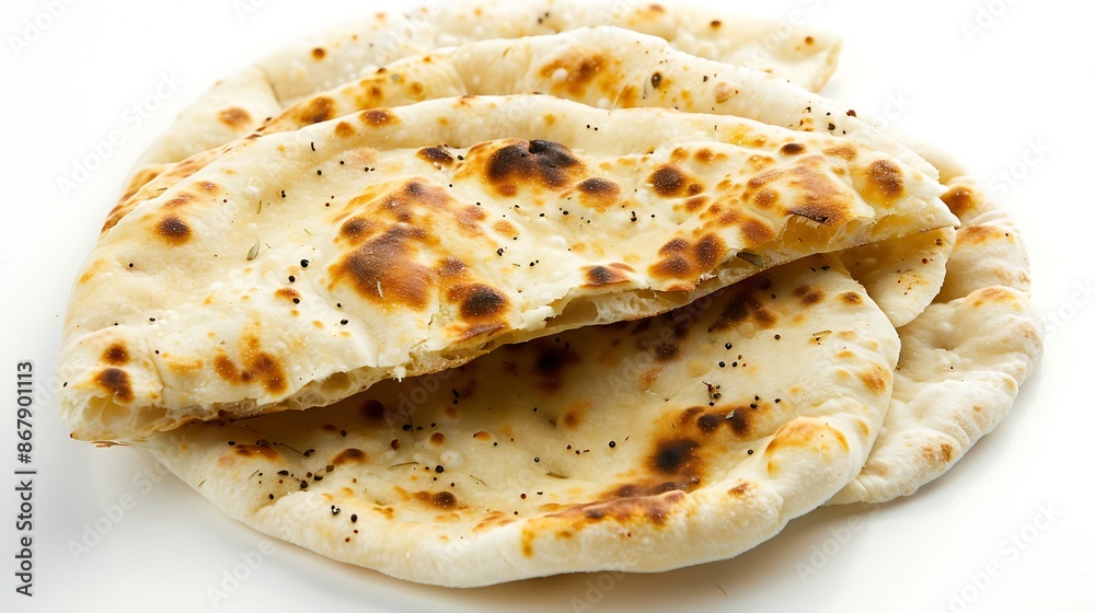 Soft fluffy naan bread with a slight char ready to be served on a white background Soft fluffy naan bread with a slight char ready to be served on a white background