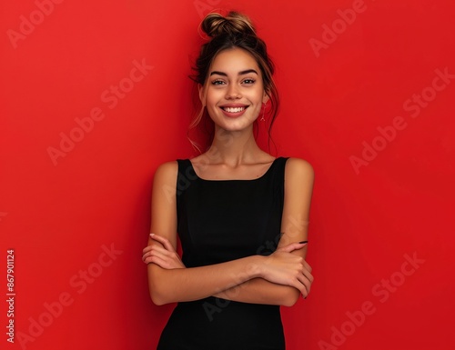 Confident Woman Smiling Black Dress Red Background Portrait