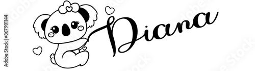 Diana - colore nero - nome scritto - Parola con Koala kawaii per siti web, baby shower, auguri, banner, cartoline-camicie, felpa, stampe, cricut, silhouette, sublimazione