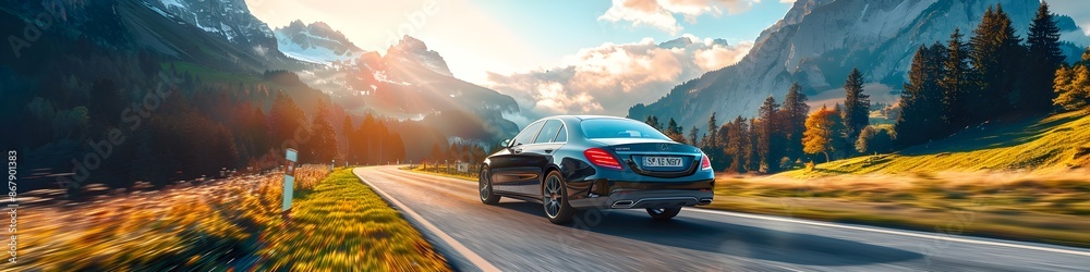Naklejka premium Luxury sedan driving on a scenic mountain road with panoramic views of alpine peaks and lush green forests in a tranquil summer travel adventure