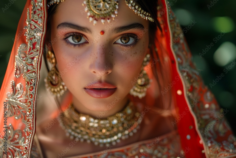 Indian Bride Portrait in Red Sari with Jewelry and Gorgeous Eyes. Indian Bride Portrait in Red Sari with Jewelry and Gorgeous Eyes.