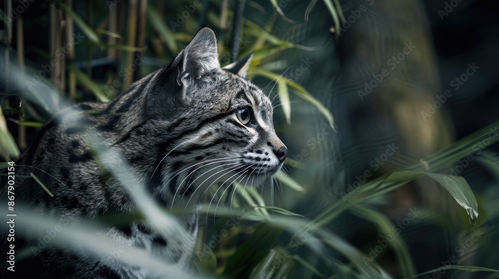 Wild cat with black and white fur observing prey Wild cat with black and white fur observing prey