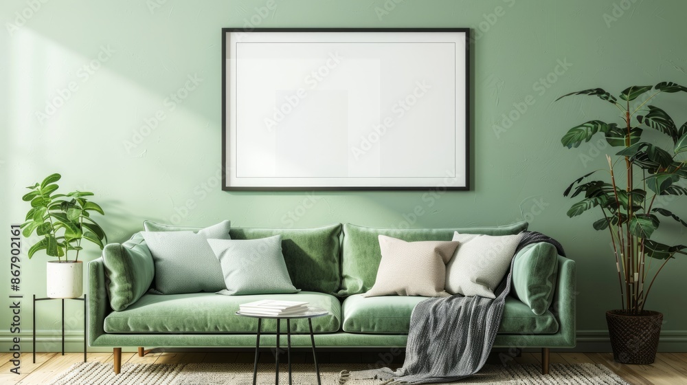 Mock up poster frame, light green living room interior with cozy sofa.