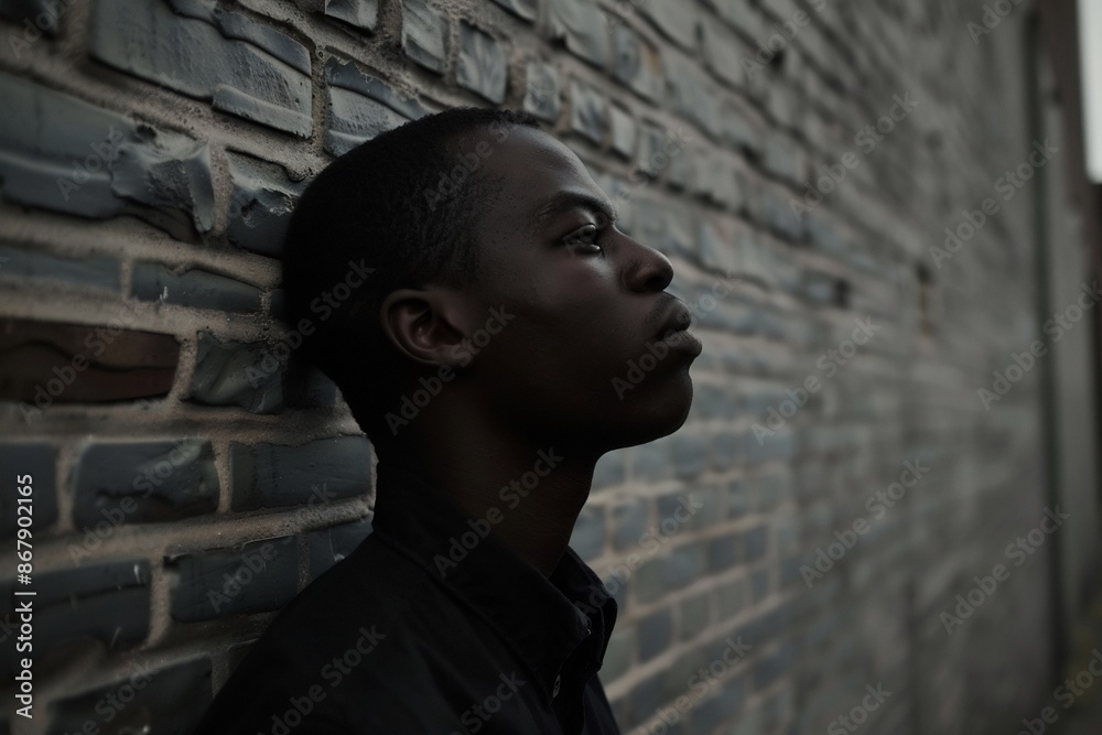 Man Profile Against Dark Brick Wall Looking Up Man Profile Against Dark Brick Wall Looking Up