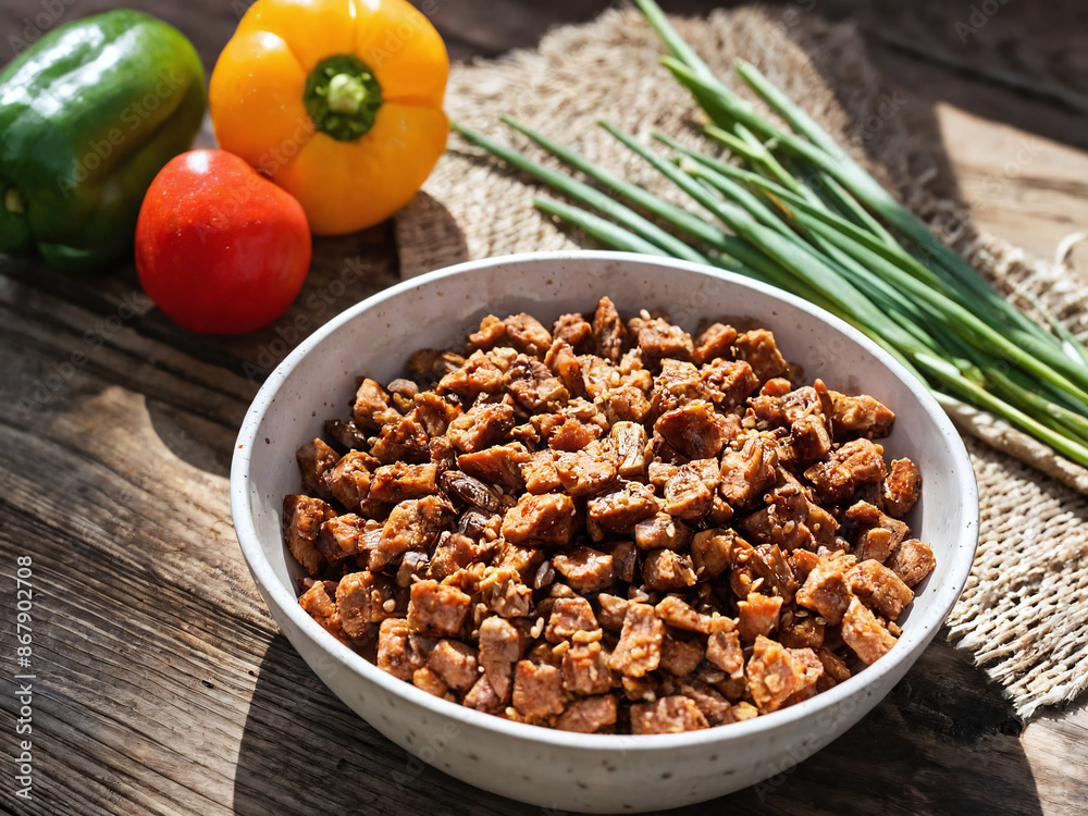 Fototapeta premium A rustic bowl filled with a mix of fresh dog food and sparkling vibrating textures