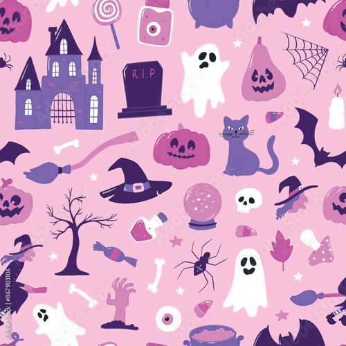 Halloween nursery pattern with cute doodles on pink background for wallpaper, scrapbooking, stationary, textile prints, digital paper, etc. EPS 10