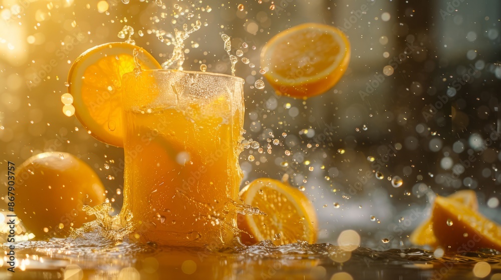 Refreshing Orange Juice Splash With Fresh Citrus Slices in Sunlight Refreshing Orange Juice Splash With Fresh Citrus Slices in Sunlight